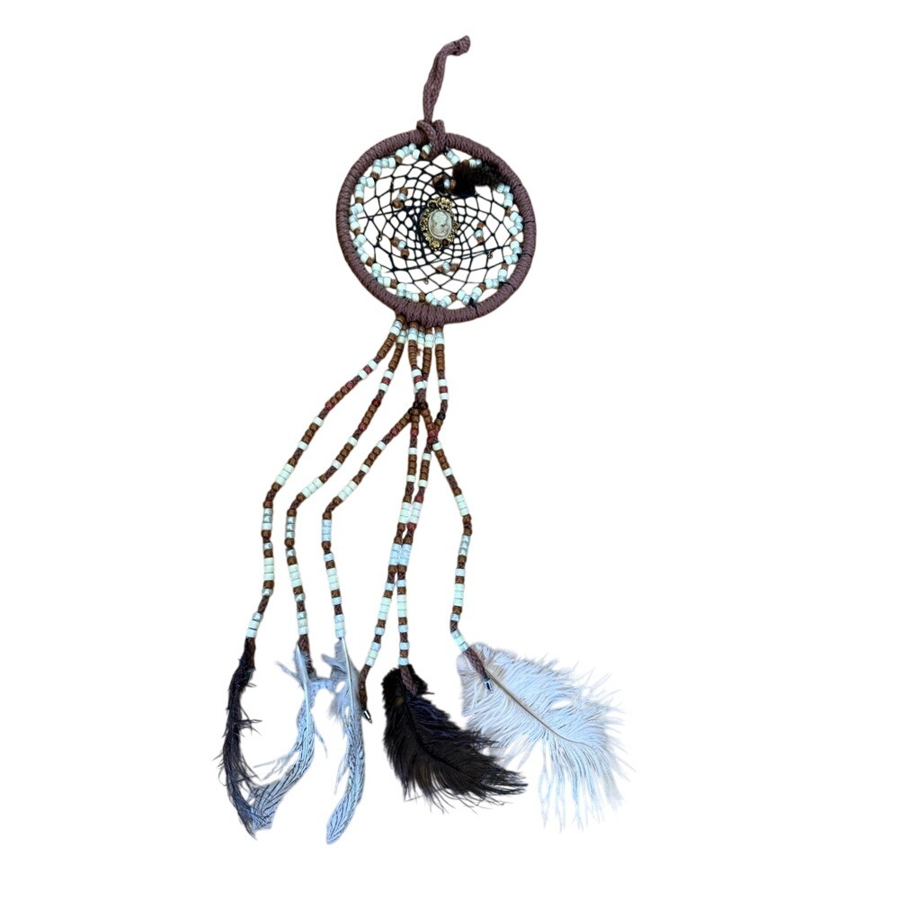 Handmade brown and white colorfully beaded feathers dream catcher